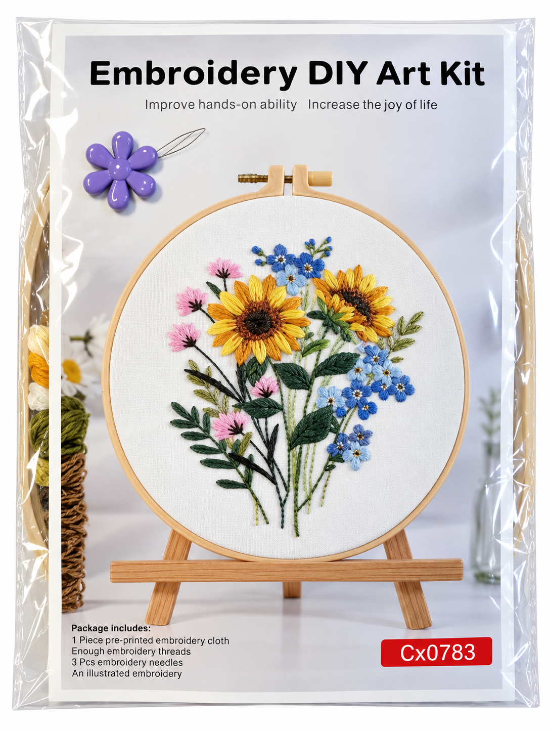 Kit bordado margarita y flores azul y rosa