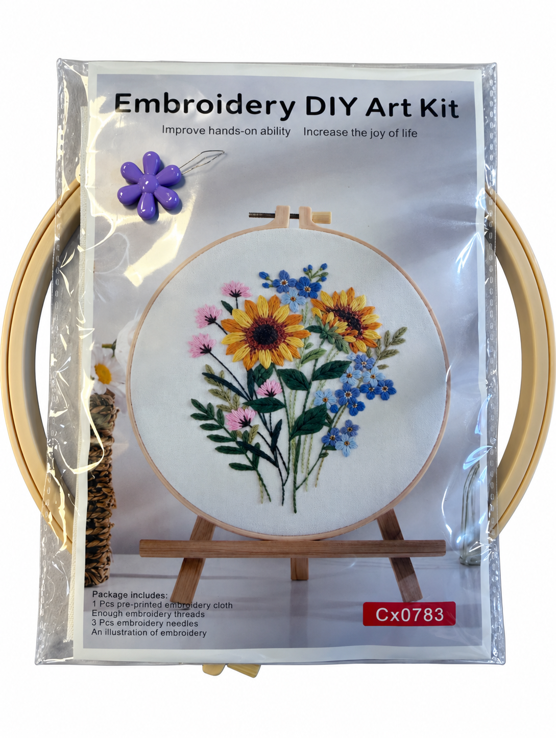 Kit bordado margarita y flores azul y rosa