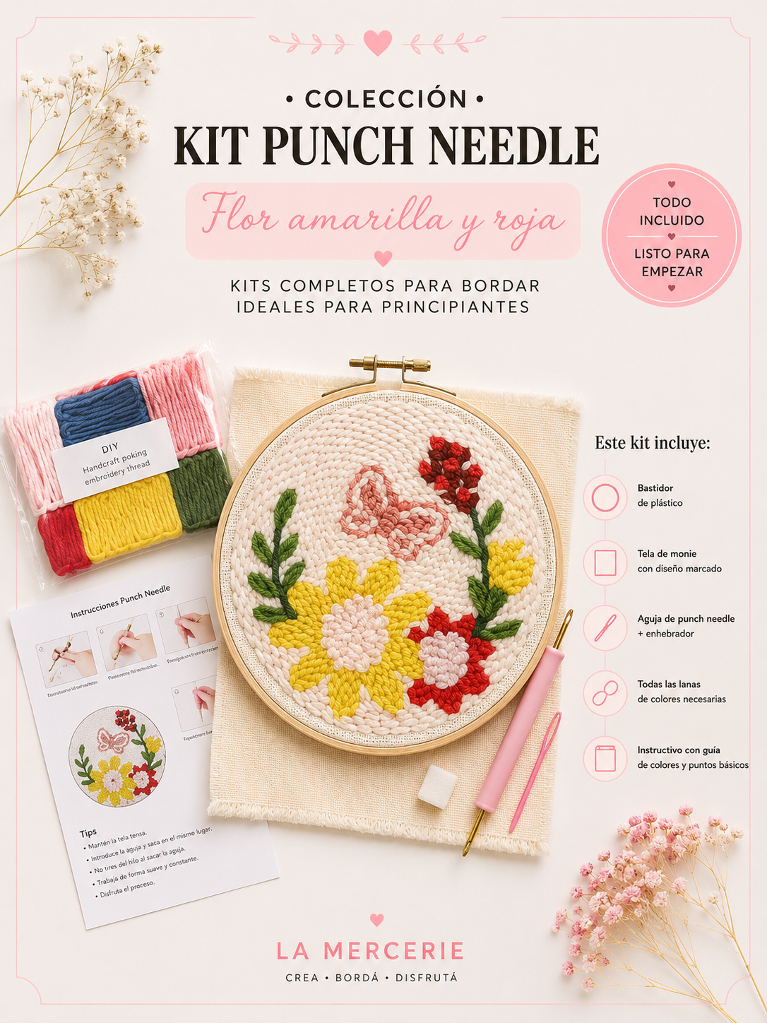 Kit Punch Needle - Flor amarilla y roja - La Mercerie