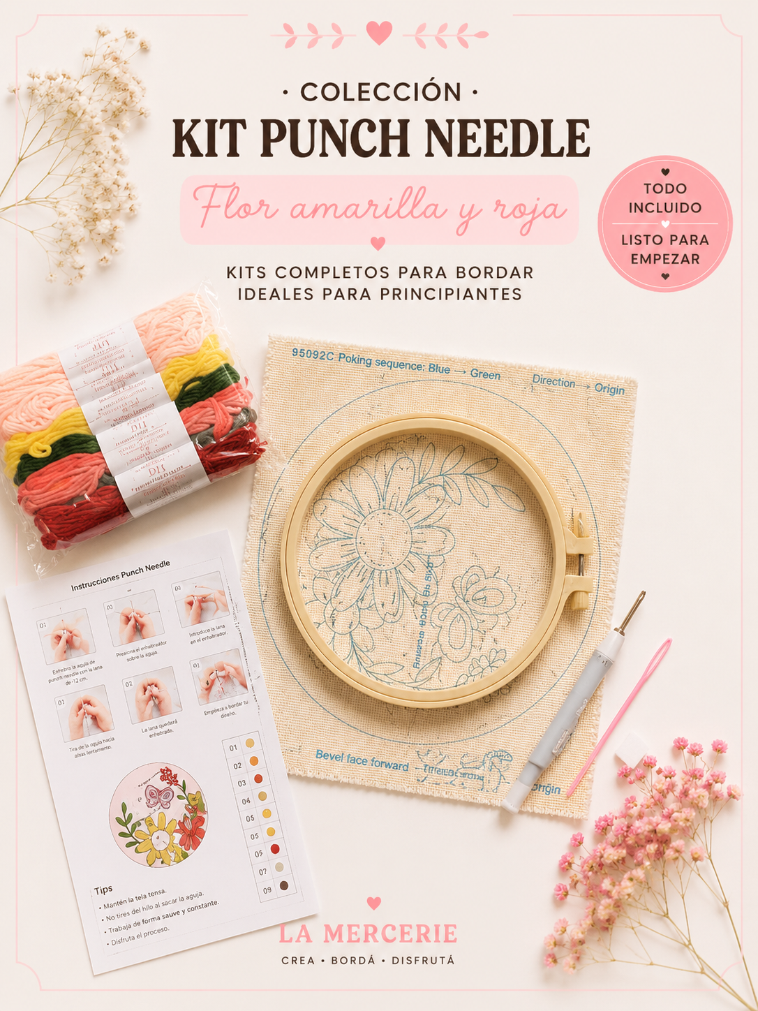 Kit Punch Needle - Flor amarilla y roja - La Mercerie