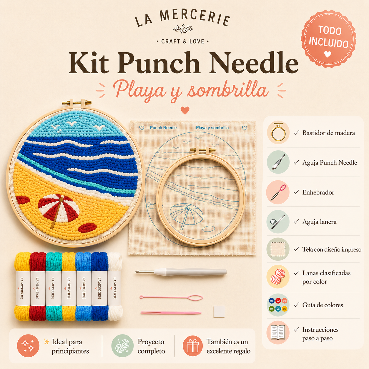 KIT PUNCH NEEDLE PLAYA Y SOMBRILLA - LA MERCERIE