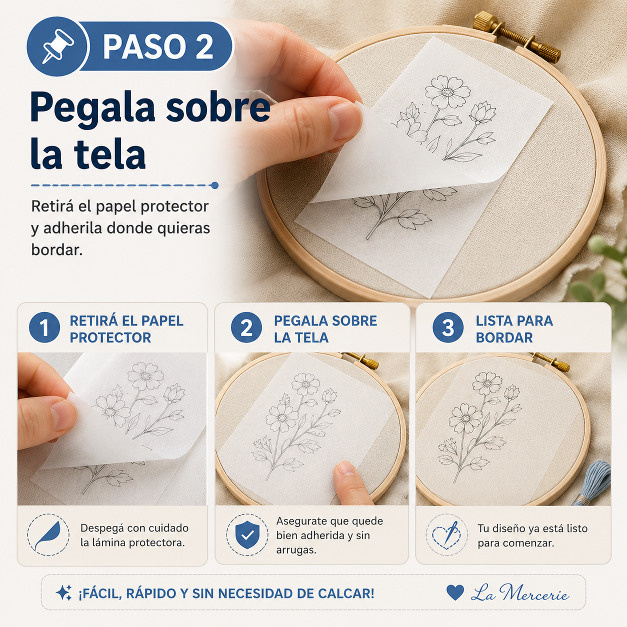 Entretela Hidrosoluble A4 Adhesiva | Imprimible | Bordado y Punch Needle - LA MERCERIE