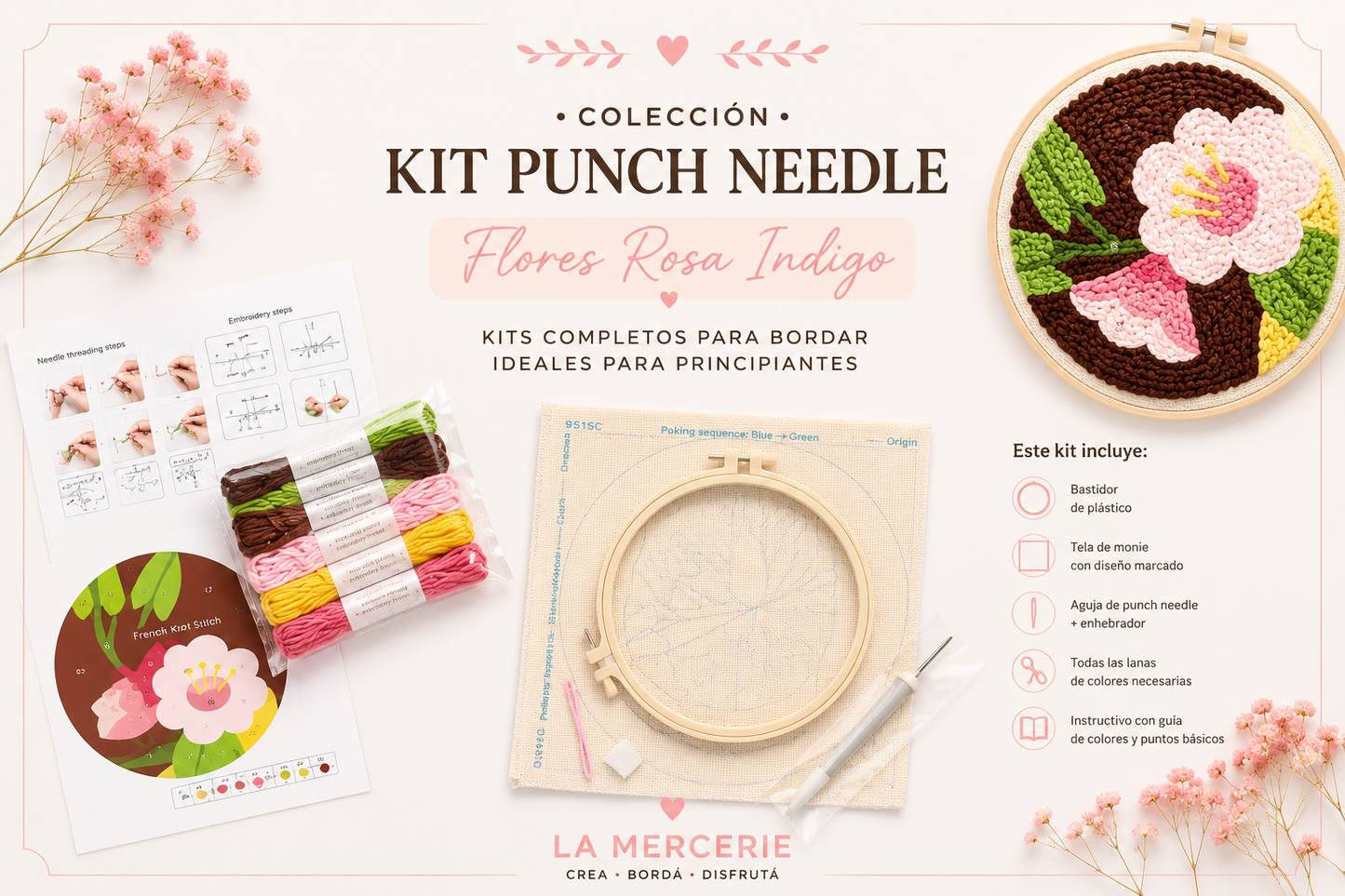 KIT PUNCH NEEDLE - Flor rosa Indigo - La Mercerie